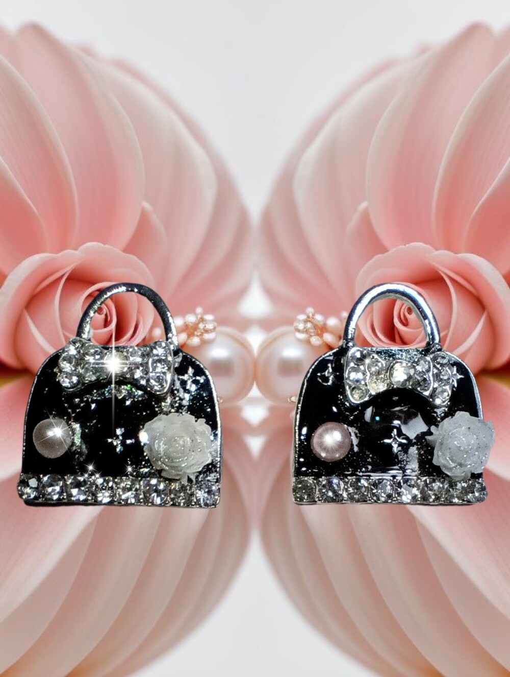 Mini Black Handbag with Crystal Bows Pierced Earrings